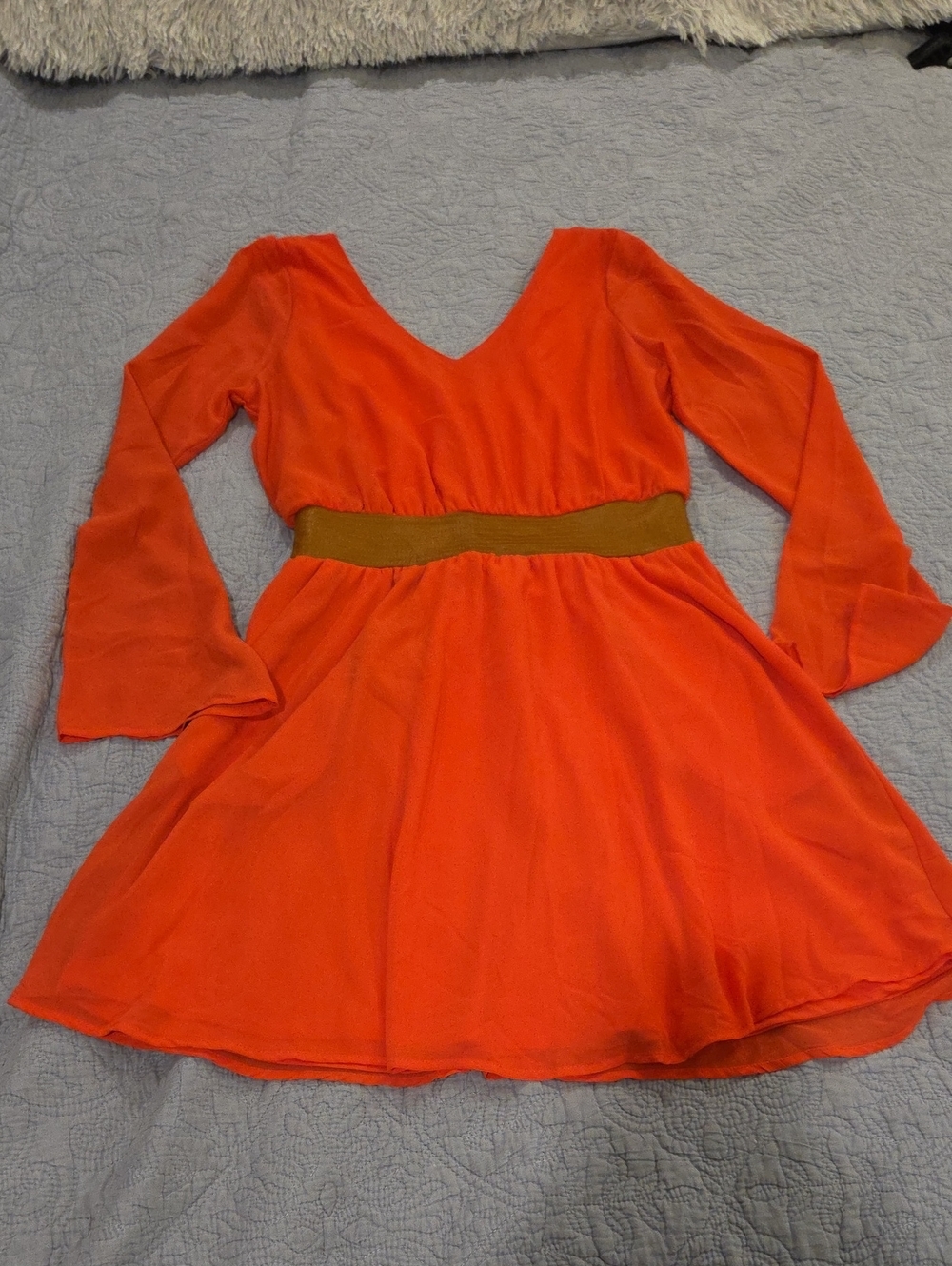 Charlotte Russe Coral Long-Sleeve Fit & Flare Dress with Brown Waistband Size L!